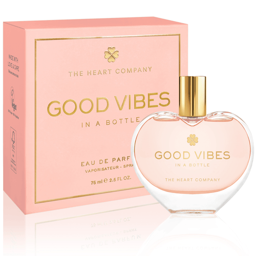 Perfume bottle and packaging of 'Good Vibes' by The Heart Company on a white background