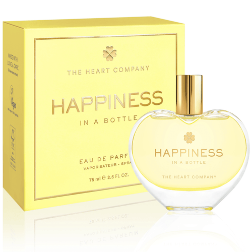 Perfume bottle and packaging of 'Happiness in a Bottle' by The Heart Company on a white background