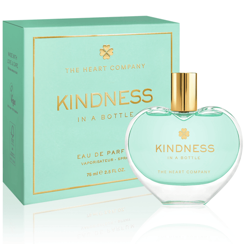 Perfume bottle and packaging of 'Kindness in a Bottle' by The Heart Company on a white background