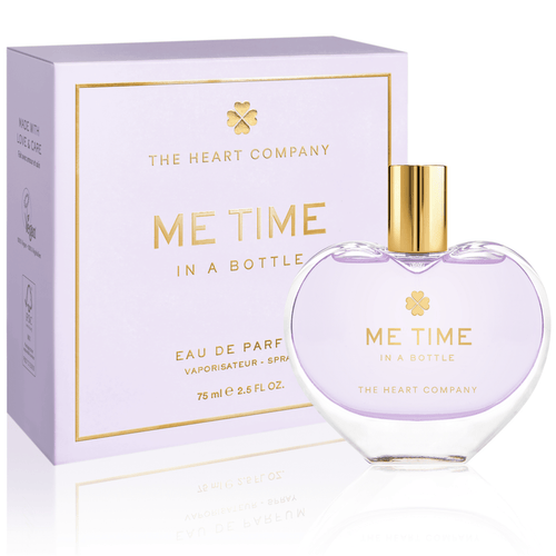 Perfume bottle and packaging of 'Me Time' by The Heart Company on a white background