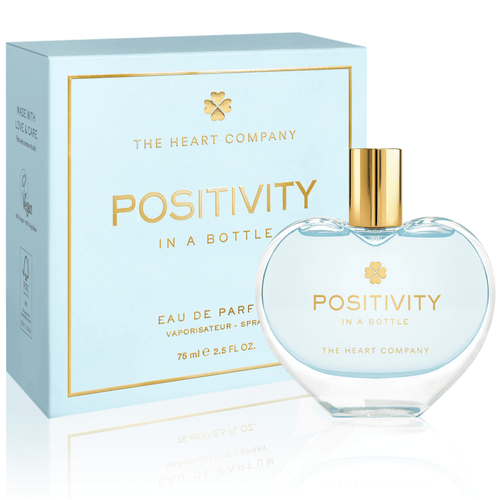 Perfume bottle and packaging of 'Positivity' by The Heart Company on a white background