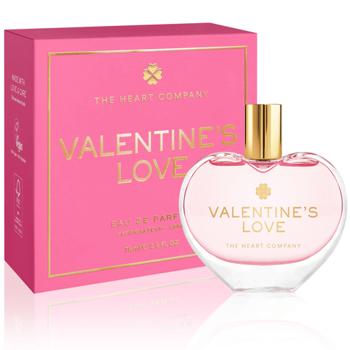 Valentine's Love perfume bottle and packaging by The Heart Company on a white background