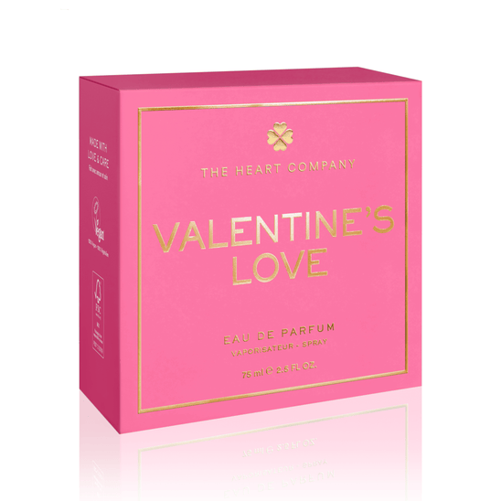 Valentine’s Love vegan eau de parfum packaging by The Heart Company, elegant pink and gold perfume gift box for a cruelty-free fragrance designed for Valentine’s Day gifting