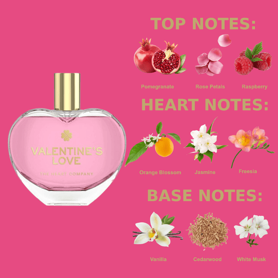 Valentine’s Love vegan eau de parfum by The Heart Company shown with fragrance notes graphic, featuring pomegranate, rose petals, raspberry, orange blossom, jasmine, freesia, vanilla, cedarwood, and white musk on a pink background