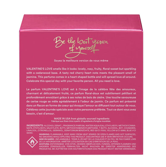 Back of Valentine’s Love vegan eau de parfum packaging by The Heart Company, showing product description, fragrance story, ingredients, manufacturing origin, and safety information on the pink gift box