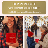 Two scenes with people holding 'Christmas Love' perfume: one with a couple and another with a child and an older woman outdoors.
