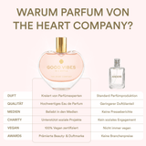 Comparison chart of 'Good Vibes' perfume from The Heart Company and 'Andere' perfume, highlighting differences in fragrance, quality, media presence, charity, vegan certification, and awards.