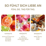 Three sections with floral, citrus, and amber elements with corresponding notes.