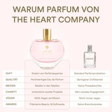Comparison chart of 'Love in a Bottle' perfume from The Heart Company and 'Andere' perfume, highlighting differences in scent, quality, media presence, charity, vegan certification, and awards.