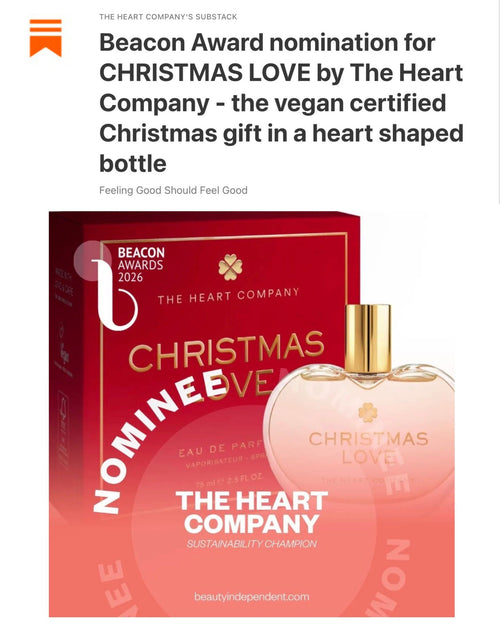 Beacon Award nomination for CHRISTMAS LOVE by The Heart Company - the vegan certified Christmas gift in a heart shaped bottle