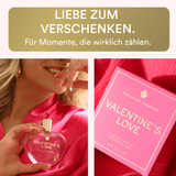 Heart-shaped perfume bottle with packaging and text about Valentine's Day love.