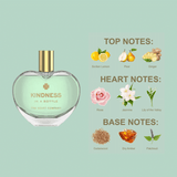 Kindness in a Bottle by The Heart Company shown in a heart-shaped clear glass bottle with gold cap, alongside fragrance notes including Sicilian lemon, pear, ginger, rose, jasmine, lily of the valley, cedarwood, dry amber, and patchouli, presenting a vegan, cruelty-free unisex perfume with a fresh, woody and elegant character