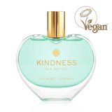 Kindness in a Bottle by The Heart Company in a heart-shaped clear glass bottle with a gold cap, a vegan and cruelty-free unisex fragrance that symbolizes kindness, positivity, and emotional wellness, featuring a fresh, woody notes

