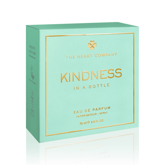 Kindness in a Bottle by The Heart Company perfume box in soft mint green with gold details, a vegan and cruelty-free unisex fragrance featuring a fresh, woody scent, elegantly packaged and ideal as a meaningful gift