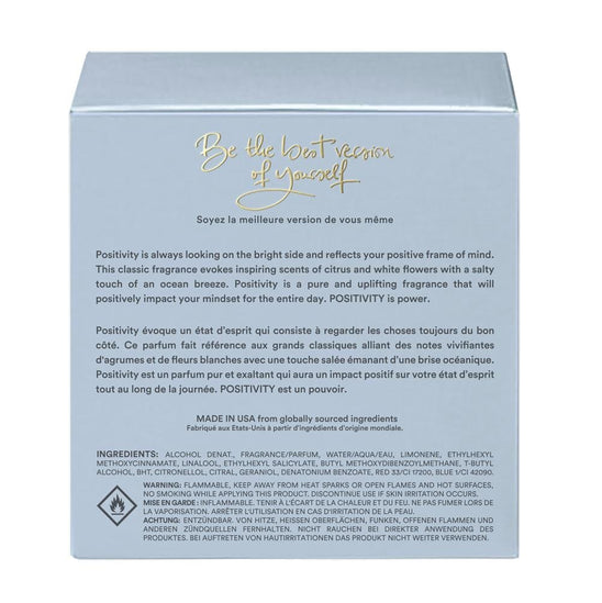 Back of Positivity in a Bottle perfume packaging by The Heart Company, showing product description, ingredients, and fragrance story for a fresh, aquatic, clean vegan perfume with citrus, white florals, and ocean breeze notes, paraben-free and phthalate-free