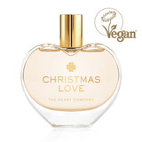 Christmas Love vegan eau de parfum by The Heart Company in a clear glass, elegant heart-shaped bottle with a golden cap, cruelty-free fragrance for holiday gifting and self-care