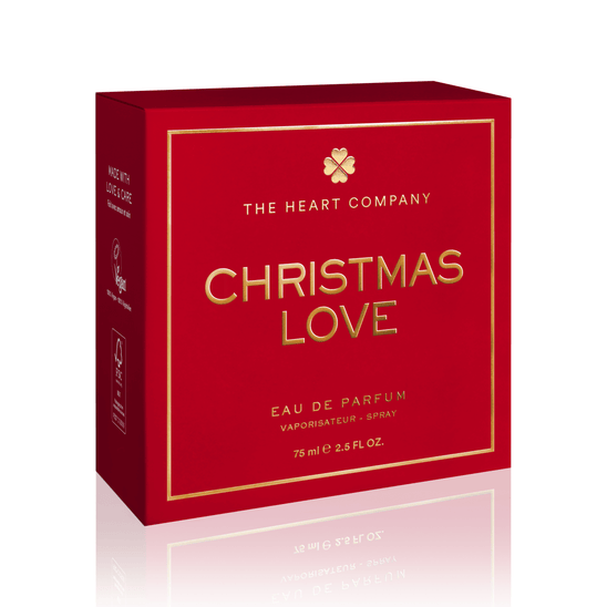 Christmas Love vegan eau de parfum packaging by The Heart Company, elegant red gift box with gold detailing for a cruelty-free holiday fragrance