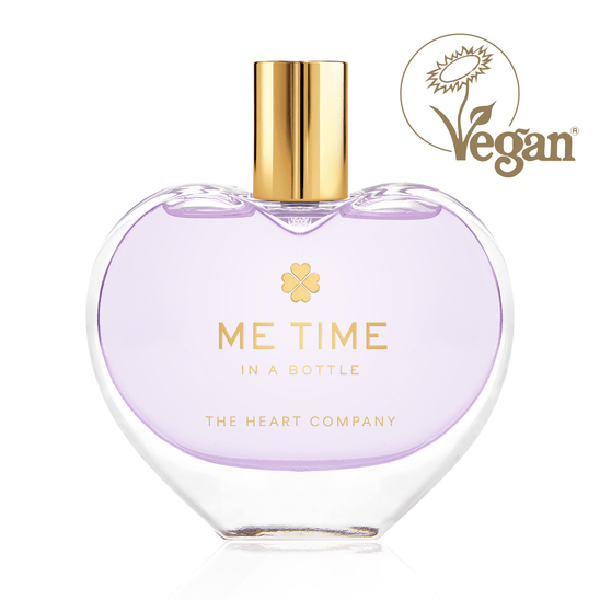 Me Time in a Bottle vegan lavender eau de parfum by The Heart Company in a clear glass, elegant heart-shaped bottle with a golden cap, cruelty-free fragrance designed for relaxation, self-care, and mindful gifting