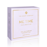 Me Time in a Bottle vegan lavender eau de parfum packaging by The Heart Company, elegant soft-lavender and gold perfume gift box for a cruelty-free fragrance designed for relaxation, self-care, and mindful gifting