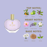Me Time in a Bottle lavender perfume by The Heart Company with fragrance notes infographic showing petitgrain, bergamot, verbena, wild rose, Provence lavender, jasmine, white musk, cedarwood, and patchouli on a soft purple background