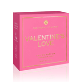 Valentine’s Love vegan eau de parfum packaging by The Heart Company, elegant pink and gold perfume gift box for a cruelty-free fragrance designed for Valentine’s Day gifting