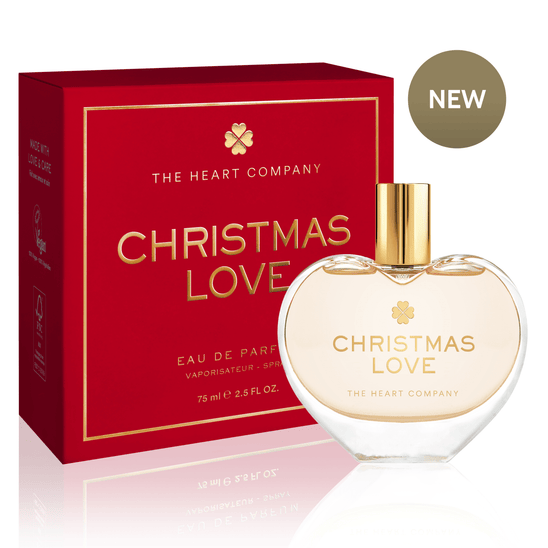 Vegan Christmas perfume by The Heart Company in a heart-shaped bottle, cruelty-free eau de parfum holiday fragrance