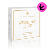 Wedding Love perfume box by The Heart Company, luxury bridal eau de parfum packaging in white and gold, ideal wedding gift for bride, bridesmaids, and bridal shower.