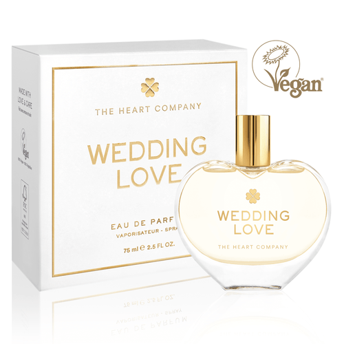 Heart-shaped “Wedding Love” vegan eau de parfum for brides, featuring soft peach and apricot notes, a romantic white floral wedding fragrance, perfect as a bride, bridesmaid, or bridal shower gift.