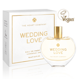 Heart-shaped “Wedding Love” vegan eau de parfum for brides, featuring soft peach and apricot notes, a romantic white floral wedding fragrance, perfect as a bride, bridesmaid, or bridal shower gift.