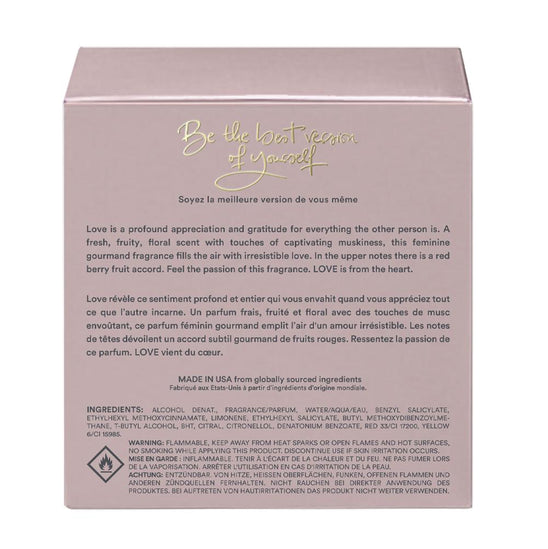 Back of Love in a Bottle vegan eau de parfum box by The Heart Company, featuring fragrance description, ingredients, and safety information for a fruity floral gourmand perfume with musk and red berry notes.