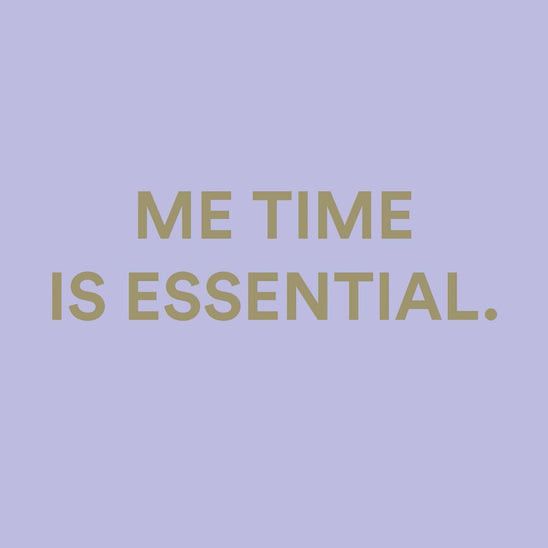 Minimalist self-care quote reading “Me Time Is Essential” on a soft lavender background, representing wellness, relaxation, and The Heart Company fragrance philosophy
