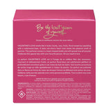 Back of Valentine’s Love vegan eau de parfum packaging by The Heart Company, showing product description, fragrance story, ingredients, manufacturing origin, and safety information on the pink gift box