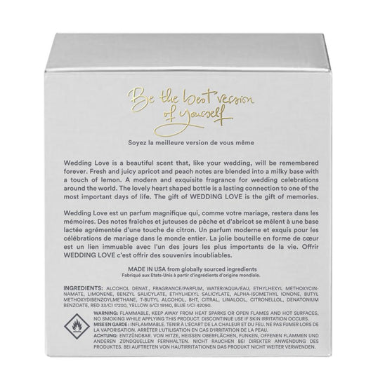 Back of Wedding Love perfume box showing product description, ingredients, and safety information for bridal fragrance by The Heart Company.